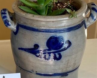 Lot 8220 $50.00 Antique Blue Salt Glazed Handled Crock (8" W x 7.5" T) with a cute succulent Included.