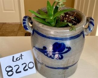 Lot 8220 $50.00 Antique Blue Salt Glazed Handled Crock (8" W x 7.5" T) with a cute succulent Included.