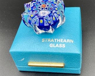 Lot 8237.$35.00 Vintage Strathearn Millefiori cane glass paperweight, made in Scotland (2"dia x 1 1/8"tall), with presentation box. Normal usage wear.