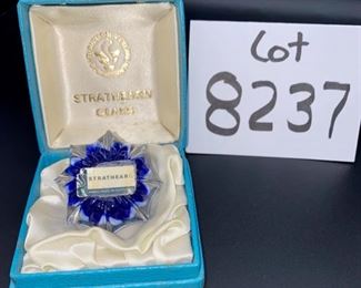 Lot 8237.$35.00 Vintage Strathearn Millefiori cane glass paperweight, made in Scotland (2"dia x 1 1/8"tall), with presentation box. Normal usage wear.