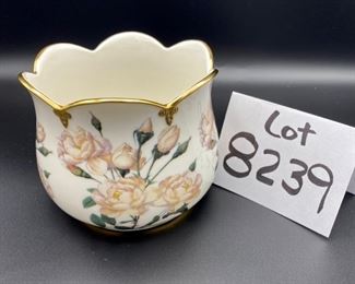 Lot 3239. $48.00 Vintage Cache Pot from the Smithson Collection, crafted by Goebel. "White Roses" with gold trim.