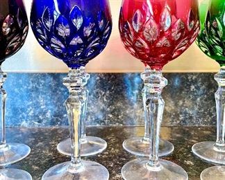 Lot 8234. $96.00. 12 Crystal stems in Cut-to-Clear, in Various Awesome Colors. ( One cobalt stem has a chip on the base, negligible, but could be smoothed out.) These look terrific on display in a cabinet and feel great in your hand.