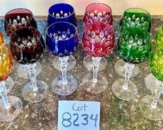 Lot 8234. $96.00. 12 Crystal stems in Cut-to-Clear, in Various Awesome Colors. ( One cobalt stem has a chip on the base, negligible, but could be smoothed out.) These look terrific on display in a cabinet and feel great in your hand.