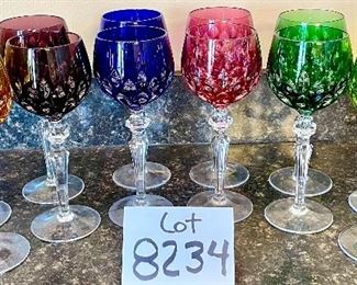 Lot 8234. $96.00. 12 Crystal stems in Cut-to-Clear, in Various Awesome Colors. ( One cobalt stem has a chip on the base, negligible, but could be smoothed out.) These look terrific on display in a cabinet and feel great in your hand.