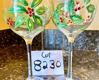 Lot 8230. $30.00. 5 hand painted wine glasses, 4 are poinsettia themed and one sunflower glass. Super Sweet!!
