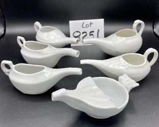 Lot 8251. $30.00 Lot of 6 Vintage infant/hospital/Invalid feeders. 1) Bird shaped feeder shape with some crazing, 2) marked H&C, white, 3) signed, made in Japan, 4) white with crazing, unmarked, 5 & 6 are plain white and unmarked.