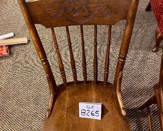 Lot 8265. $38.00 Pair of antique or vintage wooden chairs with carved spindle backs and two rag rug cushions. 16" W x 19" D x 37" T