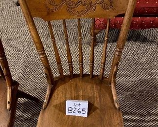 Lot 8265. $38.00 Pair of antique or vintage wooden chairs with carved spindle backs and two rag rug cushions. 16" W x 19" D x 37" T