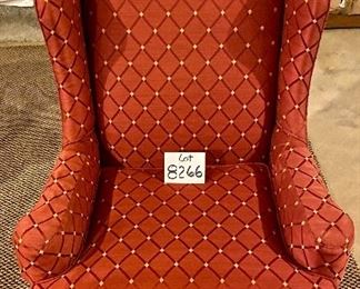 Lot 8266. $85.00. Vintage wingback chair in a reddish rust colored fabric with diamond pattern, queen anne legs. Petite, perfect for a small room. 27" W x 26" D x 41" T