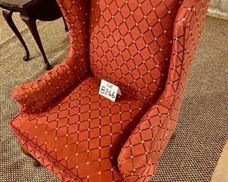 Lot 8266. $85.00. Vintage wingback chair in a reddish rust colored fabric with diamond pattern, queen anne legs. Petite, perfect for a small room. 27" W x 26" D x 41" T