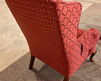 Lot 8266. $85.00. Vintage wingback chair in a reddish rust colored fabric with diamond pattern, queen anne legs. Petite, perfect for a small room. 27" W x 26" D x 41" T