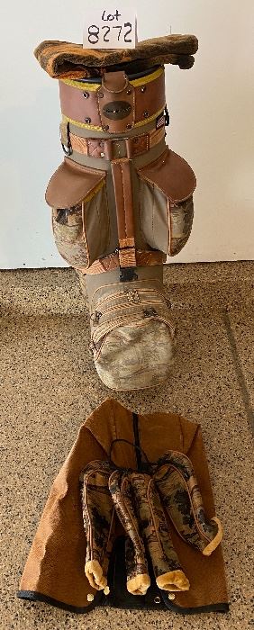 Lot 8272. $85.00. Vintage Bennington Golf Cart Bag, Brown and tan colors with golfers on bag. Lone Palm golf towel and 4 cammo head covers (Cover shown does not belong with this Bag, which btw was used by a woman golfer, and it's cute.
