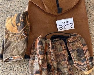 Lot 8272. $85.00. Vintage Ladies Bennington Golf Cart Bag, Brown and tan colors with golfers on bag. Lone Palm golf towel and 4 camouflage head covers (The leather cover shown is not for this bag it belongs with Lot 8274).