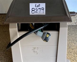 Lot 8279. $32.00 Ames True Temper Hose Reel Stand with hose and nozzle, "never leak hose" cabinet. small crack on top, negligible.