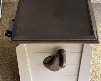 Lot 8279. $32.00 Ames True Temper Hose Reel Stand with hose and nozzle, "never leak hose" cabinet. small crack on top, negligible.