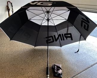 Lot 8281. $38.00. Ping Tour Golf Umbrella, Exc. Condition. Nice Cover for those wet golf outings. If you are a Ping Fan like me, this is a must have.
