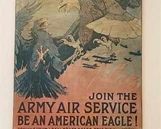 Lot 8285.$50.00 "Join the Army Air Service, Be an American Eagle!", Poster on masonite. 28.5" W x 37" T. A bit faded but makes it look more like an origjnal.
