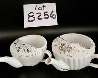ot 8256. $50.00 Lot of 6 side-handled infant/hospital/invalid feeders primarily in white. 1) white & gold with a "Z" mark, 2) Chantilly white pattern, 3) Ribbed gold,4) white with gold 'Empireware England", 5) white with gold trim "MAW", 6) white body with gold trim that has rubbed away places.