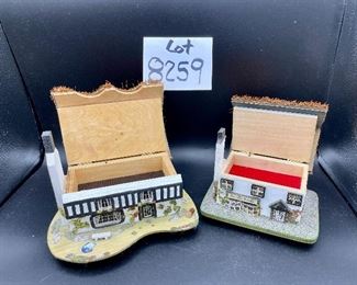Lot 8259. $60.00 5 pc lot of English Country decorative items: 1) Royal Doulton "Biddy Pennyfarthing" balloon lady figurine; 2) Antique Shoppe Music box with thatched roof 6" x 4" and marked RF Tam 2813183; 3) Cottage with thatche roof music box, Made in England; 4) Apothecary's Shoppe mini house by David Winter; 5) Lighthouse mini house.