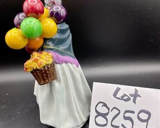 Lot 8259. $60.00 5 pc lot of English Country decorative items: 1) Royal Doulton "Biddy Pennyfarthing" balloon lady figurine; 2) Antique Shoppe Music box with thatched roof 6" x 4" and marked RF Tam 2813183; 3) Cottage with thatche roof music box, Made in England; 4) Apothecary's Shoppe mini house by David Winter; 5) Lighthouse mini house.