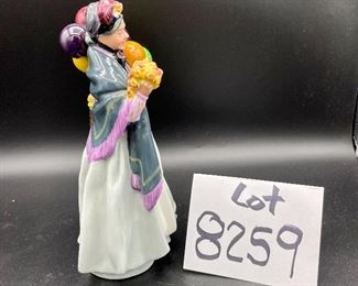 Lot 8259. $60.00 5 pc lot of English Country decorative items: 1) Royal Doulton "Biddy Pennyfarthing" balloon lady figurine; 2) Antique Shoppe Music box with thatched roof 6" x 4" and marked RF Tam 2813183; 3) Cottage with thatche roof music box, Made in England; 4) Apothecary's Shoppe mini house by David Winter; 5) Lighthouse mini house.