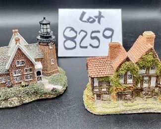 Lot 8259. $60.00 5 pc lot of English Country decorative items: 1) Royal Doulton "Biddy Pennyfarthing" balloon lady figurine; 2) Antique Shoppe Music box with thatched roof 6" x 4" and marked RF Tam 2813183; 3) Cottage with thatche roof music box, Made in England; 4) Apothecary's Shoppe mini house by David Winter; 5) Lighthouse mini house.