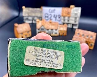 Lot 8243. $48.00. Tey Pottery "Britan in Miniature" Houses, lot of 6 houses. Includes: Lord Nelson, Post Office (with minor chip), Star Inn Alfriston, Sussex, Tey Pottery Studio, Blue Bell (Public House Countryside), Friars House Cambridge.
