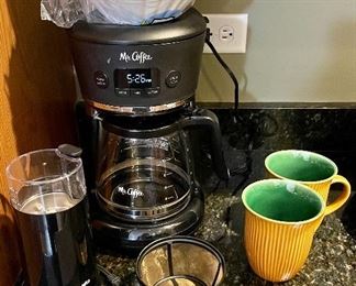 Lot 8287. $45.00 12-cup Mr. Coffee coffee brewer, super nice and clean,, Braun Coffee bean grinder, 2 Gibson Coffee Mugs, and coffee filters, incl. one gold filter.