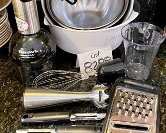 Lot 8288. $48.00. Large Lot Includes: Cuisinart Smart Electric Stick with 3 attachments: blender, whisk, chopper. 1 hand-held grater, 2 OXO peelers, 1 OXO rubber bottomed mixing bowl, set of 3 nesting metal mixing bowls. Perfect Rockin' housewarming gift!!