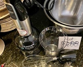 Lot 8288. $48.00. Large Lot Includes: Cuisinart Smart Electric Stick with 3 attachments: blender, whisk, chopper. 1 hand-held grater, 2 OXO peelers, 1 OXO rubber bottomed mixing bowl, set of 3 nesting metal mixing bowls. Perfect Rockin' housewarming gift!!