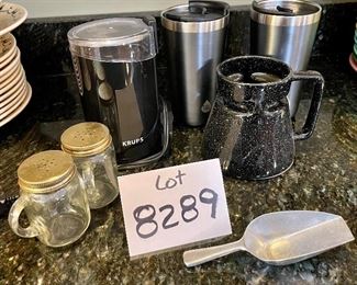 Lot 8289. $38.00. Krups Coffee/Spice Grinder, 2 like new TAL thermal 18 oz cups, a pair of shakers, 1 scoop, and a Hotjo Highwave 93030 Black Speckle Mug.