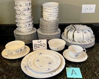 Lot 8290A. $471.00 Villeroy & Boch Vieux Luxembourg Dinnerware, (debut in 1748.) This highly sought pattern in a striking Deep Navy Blue and White floral design on creamy white colored porcelain. Handles and knobs on serving pieces are intricately designed in the images of nature's fruits. Place settings: 6 dinner plates, 12 salad plates, 12 boullion saucers, 8 boullion bowls, 5 cereal bowls and 12 cups with saucers. Looks like 67 pcs in this lot and more to come in the next lots! Attn: Ebayers could list these pieces individually and get a fine return on your purchase price. They are very hard to find and still quite popular pattern.