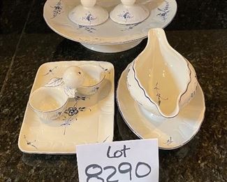 Lot 8290B. $65.00 Villeroy and Boch Vieux (Old) Luxembourg 6 pc Serving pieces: Pedestal plate (8" x 5.5"), double sided salt cellar with handle, 2 candlesticks (5" T), Rectangular sandwich tray and gravy boat with attached plate.