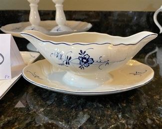 Lot 8290B. $65.00 Villeroy and Boch Vieux (Old) Luxembourg 6 pc Serving pieces: Pedestal plate (8" x 5.5"), double sided salt cellar with handle, 2 candlesticks (5" T), Rectangular sandwich tray and gravy boat with attached plate.