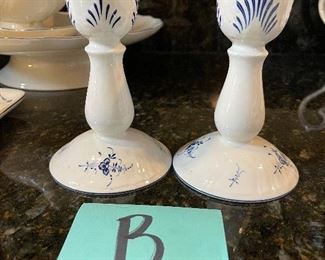 Lot 8290B. $65.00 Villeroy and Boch Vieux (Old) Luxembourg 6 pc Serving pieces: Pedestal plate (8" x 5.5"), double sided salt cellar with handle, 2 candlesticks (5" T), Rectangular sandwich tray and gravy boat with attached plate.