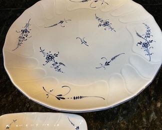 Lot 8290B. $65.00 Villeroy and Boch Vieux (Old) Luxembourg 6 pc Serving pieces: Pedestal plate (8" x 5.5"), double sided salt cellar with handle, 2 candlesticks (5" T), Rectangular sandwich tray and gravy boat with attached plate.