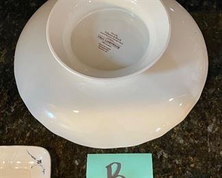Lot 8290B. $65.00 Villeroy and Boch Vieux (Old) Luxembourg 6 pc Serving pieces: Pedestal plate (8" x 5.5"), double sided salt cellar with handle, 2 candlesticks (5" T), Rectangular sandwich tray and gravy boat with attached plate.