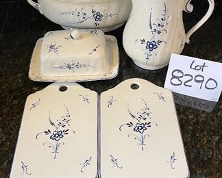 Lot 8290C. $112.00. Villeroy and Boch Vieux (Old) Luxembourg 5pc assortment of miscellaneous and serving pieces, Includes 2 cheese & cracker trays (8.5" x 5.5"), a square butter dish with cover, pitcher 6.5" T, and a covered tureen (10.5" x7.5" x 4.5").