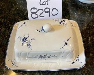 Lot 8290C. $112.00. Villeroy and Boch Vieux (Old) Luxembourg 5pc assortment of miscellaneous and serving pieces, Includes 2 cheese & cracker trays (8.5" x 5.5"), a square butter dish with cover, pitcher 6.5" T, and a covered tureen (10.5" x7.5" x 4.5").