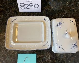 Lot 8290C. $112.00. Villeroy and Boch Vieux (Old) Luxembourg 5pc assortment of miscellaneous and serving pieces, Includes 2 cheese & cracker trays (8.5" x 5.5"), a square butter dish with cover, pitcher 6.5" T, and a covered tureen (10.5" x7.5" x 4.5").