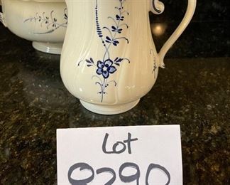 Lot 8290C. $112.00. Villeroy and Boch Vieux (Old) Luxembourg 5pc assortment of miscellaneous and serving pieces, Includes 2 cheese & cracker trays (8.5" x 5.5"), a square butter dish with cover, pitcher 6.5" T, and a covered tureen (10.5" x7.5" x 4.5").