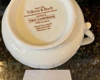 Lot 8290C. $112.00. Villeroy and Boch Vieux (Old) Luxembourg 5pc assortment of miscellaneous and serving pieces, Includes 2 cheese & cracker trays (8.5" x 5.5"), a square butter dish with cover, pitcher 6.5" T, and a covered tureen (10.5" x7.5" x 4.5").