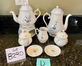 Lot 8290D. $120.00 Villeroy and Boch Vieux (Old) Luxembourg 8 pc beverage assortment: Coffee Pot, teapot, creamer and sugar set with silver plated spoon, covered condiment jar, 2 ash trays/tea bag plates and a warmer 3.5" x 6".