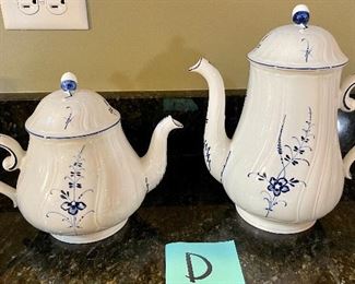 Lot 8290D. $120.00 Villeroy and Boch Vieux (Old) Luxembourg 8 pc beverage assortment: Coffee Pot, teapot, creamer and sugar set with silver plated spoon, covered condiment jar, 2 ash trays/tea bag plates and a warmer 3.5" x 6".