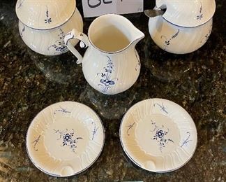 Lot 8290D. $120.00 Villeroy and Boch Vieux (Old) Luxembourg 8 pc beverage assortment: Coffee Pot, teapot, creamer and sugar set with silver plated spoon, covered condiment jar, 2 ash trays/tea bag plates and a warmer 3.5" x 6".