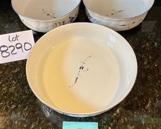 Lot 8290E. $75.00 Vieux (Old) Luxembourg 3pc Serving Assortment:
Two 8" diam. round serving bowls - 3" high, and a 10" round veggie dish.