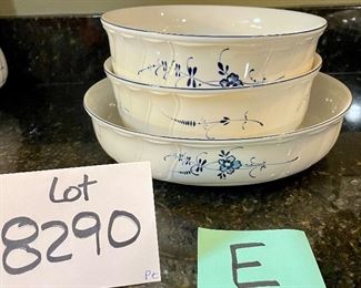 Lot 8290E. $75.00 Vieux (Old) Luxembourg 3pc Serving Assortment:
Two 8" diam. round serving bowls - 3" high and a 10" round veggie dish.