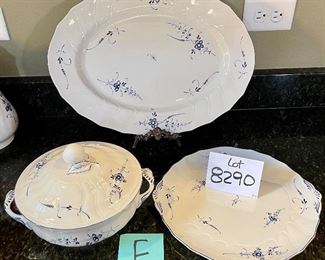 Lot 8290F. $120.00. Villeroy and Boch Luxemborg 3pc Serving set: 12" round platter with quasi-handles, 17" oval platter and a round covered casserole 8" x 3"T. Expensive pieces that are scarce.