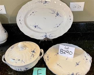 Lot 8290F. $120.00. Villeroy and Boch Luxemborg 3pc Serving set: 12" round platter with quasi-handles, 17" oval platter and a round covered casserole 8" x 3"T. Expensive pieces that are scarce.