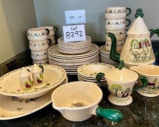 Lot 8292. $212.00. Metlox Poppytrails Vernon California Provincial Pattern, 11 dinner plates, 8 desserts plates, 13 saucers, 12 cups, 5 fruit bowls (1 has a chip), 1 salt and pepper set, 1 serving platter, 1 serving bowl, a cream and sugar set, coffee pot, handled pourer. One of the cutest patterns Metlox has designed, We love the Coffee Pot, Creamer and Sugar in the coordinating Homestead Provincial pattern!